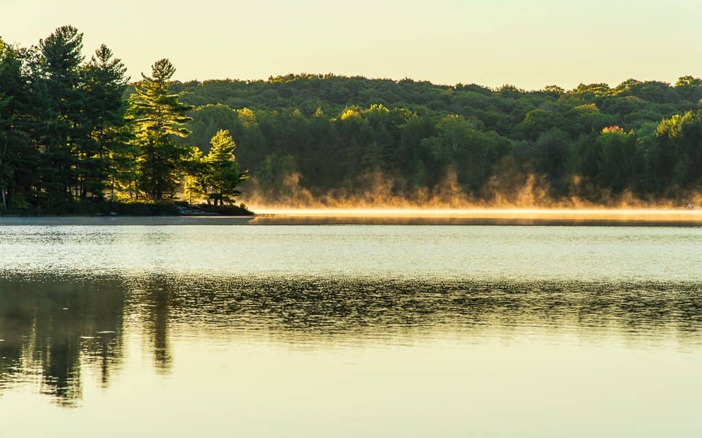 Mist over Leech Lake in the morning.